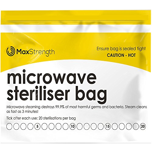 Premium Microwave Sterilizer Bags (20pcs) by Max Strength, Large & Durable Steam Bags for Baby Bottles, Soothers, Teethers & Training Cups, 20 Uses Per Bag & Marking System