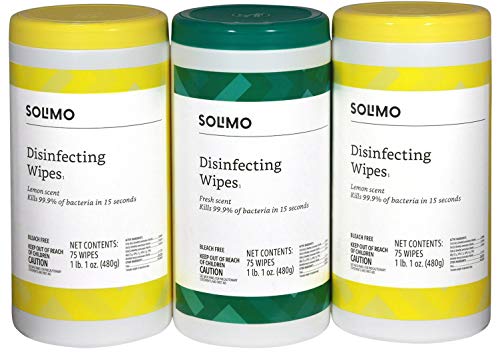 Amazon Brand – Solimo Disinfecting Wipes, Lemon Scent & Fresh Scent, Sanitizes/Cleans/Disinfects/Deodorizes, 75 Wipes Each (Pack of 3)