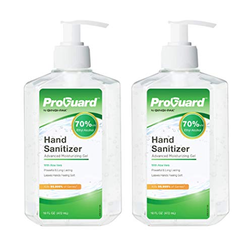 GINGI-PAK ProGuard Hand Sanitizer Gel, 70% Ethyl Alcohol with Aloe Vera, Kills 99.999% of Germs, Fast Drying with No Residue Left Behind, 16 oz, 2-Pack