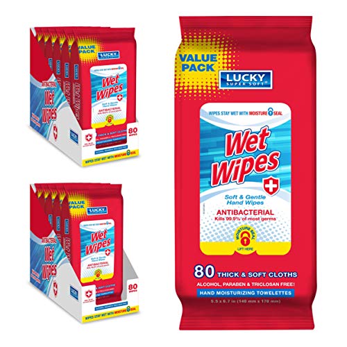 Lucky Super Soft Antibacterial Wet Wipes – Economy Pack – Hand Moisturizing Towelettes – Alcohol-Free Wipes – 12 Packs of 80 Wipes(Total 960 Wipes)