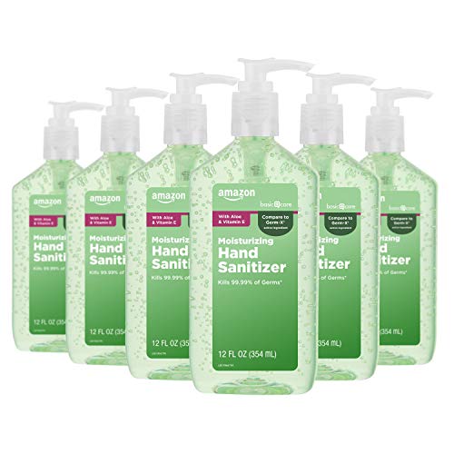 Amazon Basic Care – Aloe Hand Sanitizer 62%, 12 Fluid Ounce (Pack of 6)