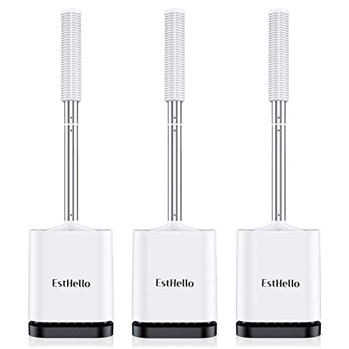 ESTHELLO Toilet Brush and Holder, Silicone Toilet Bowl Cleaner Brush Set for Bathroom Deep Cleaning, Compact Flexible Toilet Cleaner Brush with Stainless Steel Handle, 3 Pack