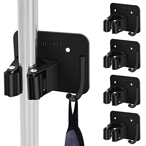 Broom Holder Wall Mount, Screw Drilling & No Drill Sturdy Heavy Duty Stainless Steel Wall Mounted, Broom Organizer Wall Mount with Hooks Hanger, Wall Holder for Bathroom, Garage, Kitchen, Garden