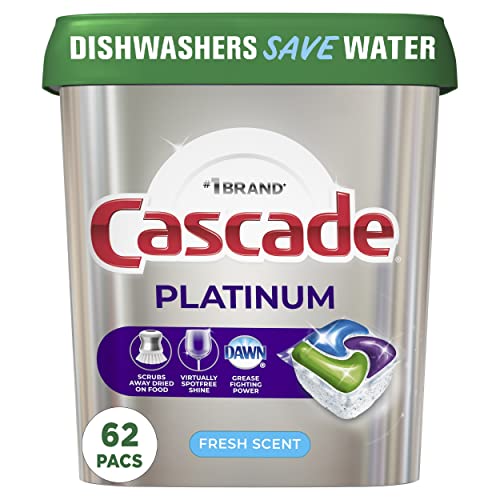Cascade Platinum Dishwasher Pods, Actionpacs Dishwasher Detergent With Dishwasher Cleaner Action, Fresh Scent, 62 Count