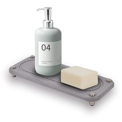 Cheungren Instant Dry Sink Organizer, Bathroom Sink Caddy, Fast Drying Stone Sink Organizer Tray Kitchen Sink Dish Sponge Soap Dispenser Holder Stainless Steel Feet with Rubber Bottom – Grey
