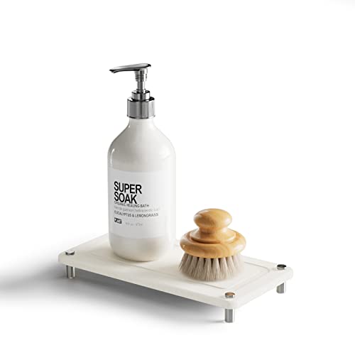 Sink Caddy, Dries Instantly Sink Holder for Preventing Moisture Buildup, Diatomaceous Pedestal Stand Riser with Stainless Steel Feet & Rubber Bottom, Soap Holder for Bottles Candles Decor (White）