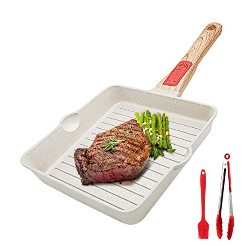Bobikuke Nonstick Grill Pan, 8 Inch Grill Pan for Stove Tops Steak Pan Square Skillet with Removeable Handle, Oven& Dishwasher Safe, Double Pour Spouts (White)