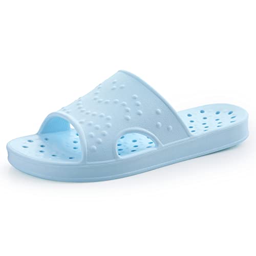 shevalues Shower Shoes for Women with Arch Support Quick Drying Pool Slides Lightweight Beach Sandals with Drain Holes, Light Blue-Update Version 8-9 Women / 6.5-7.5 Men