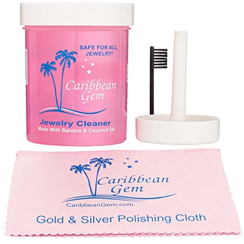 Caribbean Gem All Purpose Jewelry Cleaner Kit w/8oz Cleaning Solution, Polish Cloth, Basket & Brush – Jewelry Cleaning Kit for All Gold, Silver, Diamonds, Rings, Necklaces, Gems & Precious Stones