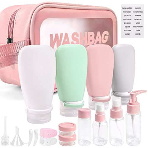 Noideeer 18 Pcs Travel Bottles for Toiletries Gym TSA Approved, Leak Proof with Bandage Silicone Squeezable 3oz for Toner Shampoo Conditioner Lotion Body Wash with Toothbrush Cover Tag and Wash Bag