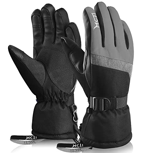 MCTi Ski Gloves,Winter Waterproof Snowboard Snow 3M Thinsulate Warm Touchscreen Cold Weather Women Gloves Wrist Leashes Grey Large