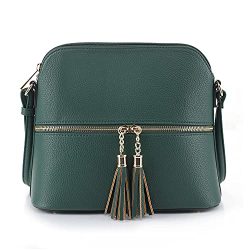 SG SUGU Lunar Lightweight Medium Dome Crossbody Bag Shoulder Bag with Double Tassels | Zipper Pocket | Adjustable Strap|Hunter Green