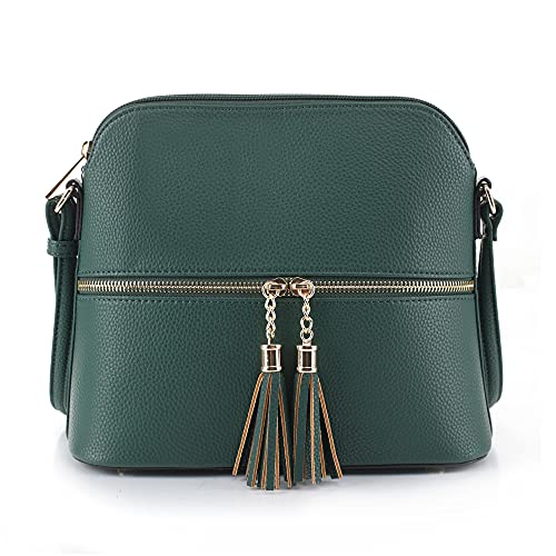SG SUGU Lunar Lightweight Medium Dome Crossbody Bag Shoulder Bag with Double Tassels | Zipper Pocket | Adjustable Strap|Hunter Green