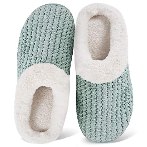 WateLves Women’s Comfort Coral Fleece Memory Foam Slippers Fuzzy Plush Lining Slip-on Clog House Shoes for Indoor & Outdoor Use (Green, XL)
