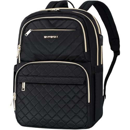 EMPSIGN Laptop Backpack Purse for Women and Men with USB Charging Port, 15.6 Inch Travel Water Resistant Quilted Backpack, High-Capacity 30L Work Business Computer Backpack, Quilted Black