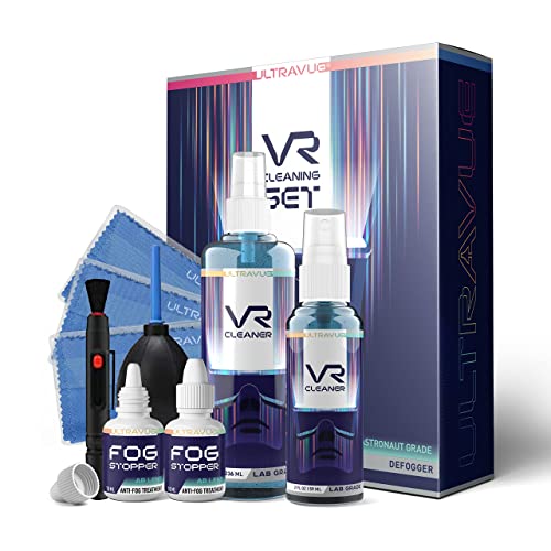UltraVue VR Cleaning Kit and Anti-Fog Treatment – Includes VR Cleaner Gel Sprays, Microfiber Cloths, Anti Fog Drop Treatments, Brush and Air Bladder with Precision Nozzle