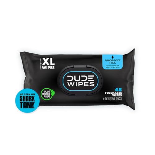 DUDE Wipes – Flushable Wipes – 1 Pack, 48 Wipes – Unscented Extra-Large Adult Wet Wipes – Vitamin-E & Aloe for at-Home Use – Septic and Sewer Safe