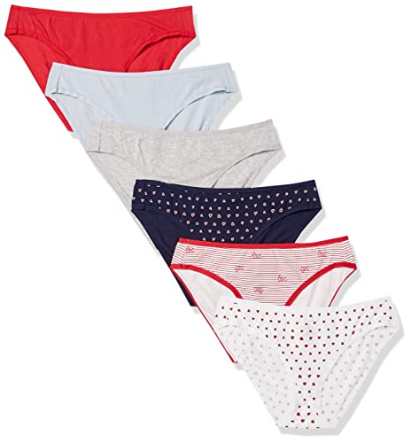 Amazon Essentials Women’s Cotton Bikini Brief Underwear (Available in Plus Size), Pack of 6, Heather/Hearts/Stripe, Medium