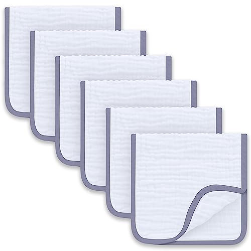 Sunny zzzZZ 6 Pack Muslin Burp Cloths – Ultra-Soft 100% Cotton Baby Boy & Girl Newborn Essentials – Large 20” x 10” Super Absorbent Milk Spit UP Washcloths – Unisex Burpy Cloths – Grey Trim