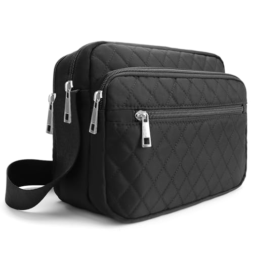 Black Quilted Crossbody Bags for Women Medium Nylon Crossbody Purse Stylish Travel Messenger Shoulder Bag Trendy Crossbody Purses Fashion Designer Cross Body Bag