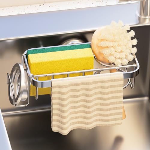 TAILI 4-in-1 Sponge Holder for Kitchen Sink with Strong Suction Cup,Dish Sponge Holder Inside Sink Removable, Rustproof Aluminum Sink Caddy for Sponge, Brush,Scrubber,Sink Stopper and Scraper -Silver