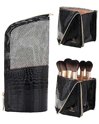 MONSTINA Makeup Brush Organzier Bag,High Capacity Portable Stand-Up Makeup Brush Holder,Professional Artist Makeup Brush Sets Case Waterproof Dust-proof Makeup Brush Cup(Croc-printed Black)