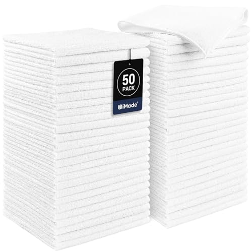 UNIMADE Washcloths Bulk – 50 Pack – Face towels (12″ x 12″), Multi-Purpose Microfiber Cleansing Cloths for Face or Body, Highly Absorbent Hand Towels with Premium Quality – White
