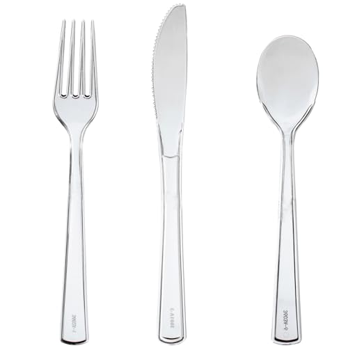 EI 360pcs Clear Plastic Silverware,Plastic Forks and Spoons,Plastic Silverware Heavy Duty,Clear Silverware Disposable include 120pcs Forks,120pcs Spoons and 120pcs Knives for Party,Picnic