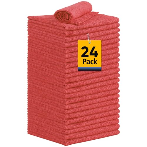 UNIMADE Shop Towels, 24 Pack Commercial Grade Shop Rags Microfiber Towels for Cars Cleaning Rags Bulk Cleaning Cloth for Automotive Bar Mechanic Restaurant Garage Housekeeping, 11.5″x 11.5″, Red