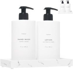 Kitchen Soap Dispenser Set with Tray, White Lotion Hand and Dish Soap Dispenser Set for Bathroom, Modern Hand Soap and Lotion Dispenser Set, Glass-Inspired Shampoo and Conditioner Dispenser Set