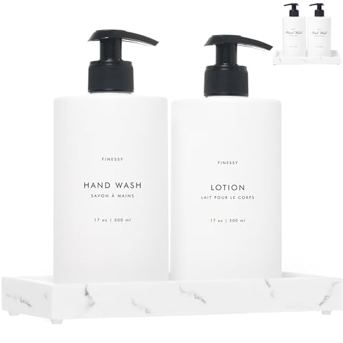 Kitchen Soap Dispenser Set with Tray, White Lotion Hand and Dish Soap Dispenser Set for Bathroom, Modern Hand Soap and Lotion Dispenser Set, Glass-Inspired Shampoo and Conditioner Dispenser Set