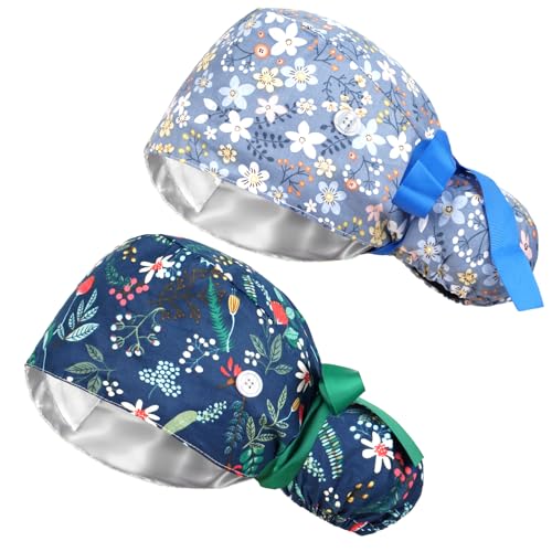 FADACHY Ponytail Scrub Caps Women, Double Lined Satin Scrub Caps for Women with Button, Nursing Bouffant Working Hat Long Hair Nurse caps