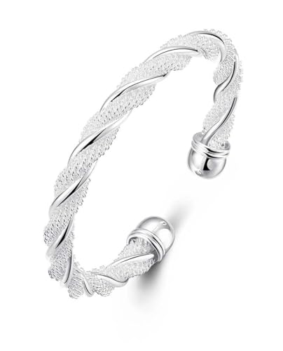 Italian Handmade Ladies Bracelet Silver, Solid S925 Sterling Silver Adjustable Open Bracelet for Women, Trendy Silver Bracelet Jewelry Gift for She (Twist)
