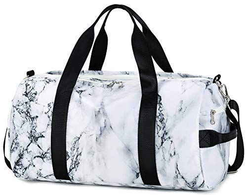 Sport Gym Duffle Travel Bag for Men Women Duffel with Shoe Compartment, Wet Pocket (Marble-White) 19.7″x9.5″x9.9″