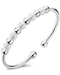 Italian Handmade Ladies Bracelet Silver, Solid S925 Sterling Silver Adjustable Open Bracelet for Women, Trendy Silver Bracelet Jewelry Gift for She (Frosted Beads)