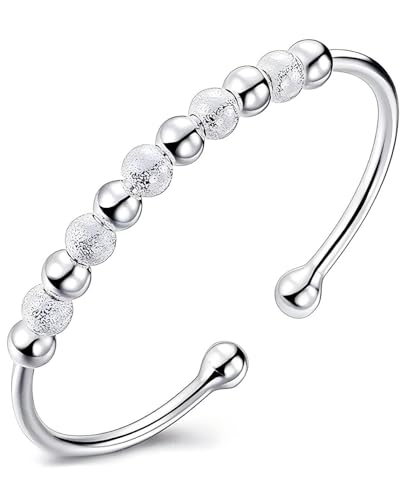Italian Handmade Ladies Bracelet Silver, Solid S925 Sterling Silver Adjustable Open Bracelet for Women, Trendy Silver Bracelet Jewelry Gift for She (Frosted Beads)