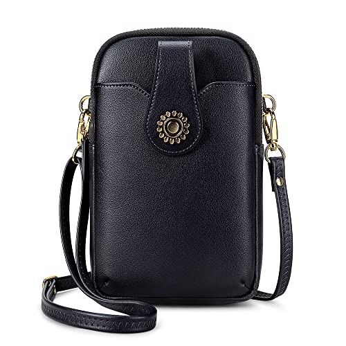 Peacocktion Black Small Crossbody Bags for Women, Leather RFID Cell Phone Wallet, Trendy Travel Crossbody Purses with Zipper Buttons