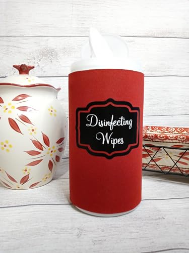 Handmade Disinfecting Wipe Cover Elegant Black Label and White Font (Large, Red)