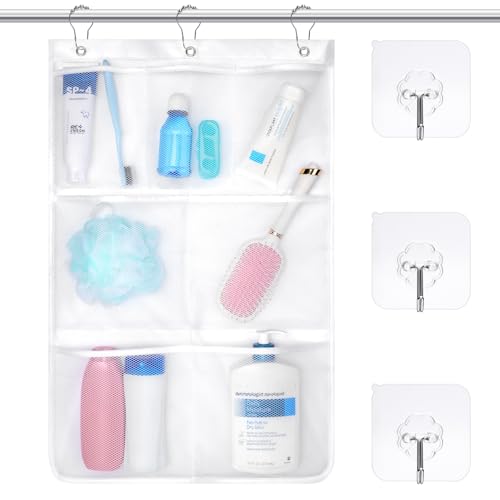 F-color Cruise Ship Essentials 2025 Shower Organizer – with 3 Adhesive Hooks and 3 Metal Loop Hangers, Quick Dry Mesh Shower Caddy Hanging, 7 Pockets Bathroom Bag Tote for Shampoo, Soap, White