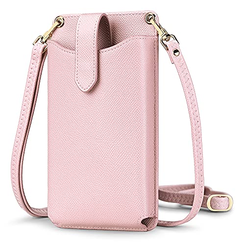 Peacocktion Pink Mini Cross Body Bag for Woman, RFID Cell Phone Leather Purse Crossbody with Card Slot, Trendy Card Holder Wallet