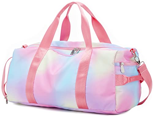 Weekender Duffel Sport Gym Bag Women Girls Travel duffle Bags with Shoe Compartment Wet Pocket (Rainbow Pink) 19.7″x9.5″x9.9″