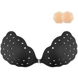 Niidor Strapless Bra, Adhesive Bra Invisible Backless Breathable Sticky Bras for Women Push up with Silicone Nipple Covers for Women, Black A