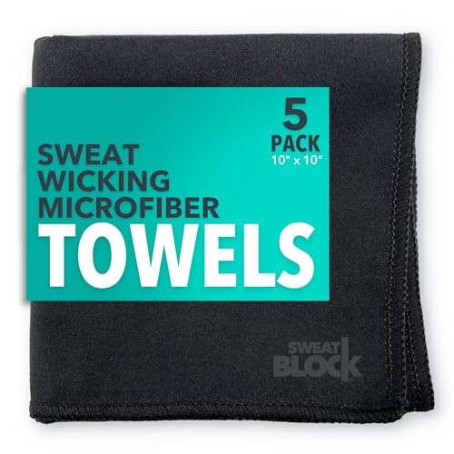 SweatBlock Microfiber Sweat Absorbing Handkerchief | Sport, Gym, Daily Use | for Hands, Face, Body | Machine Washable, Reusable | Men & Women | 10×10 (5 Pack, Black)
