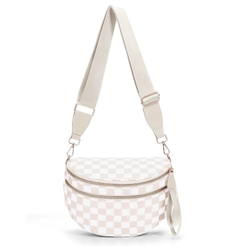 Checkered Crossbody Bum Bags for Women Nylon Checkered Purse Checkerboard Fanny Pack (A04 Beige)