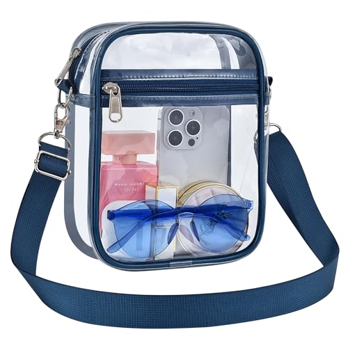 Clear Bag for Stadium Events, Small clear Purse for Women Mini Clear Stadium Bag Sport Fan handbags with Adjustable Strap for Sport Concert Work Travel (Navy Blue-M)