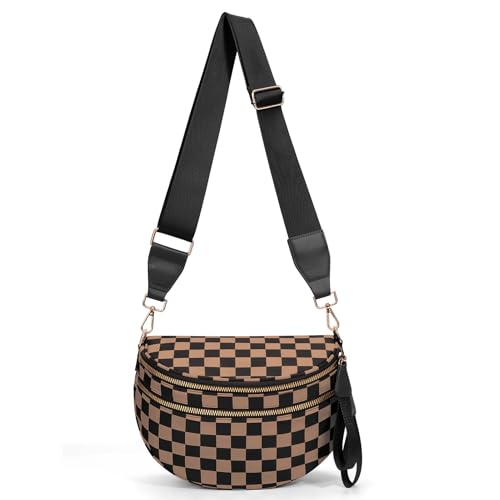 Checkered Crossbody Bum Bags for Women Nylon Checkered Purse Checkerboard Fanny Pack (A02 Khaki)