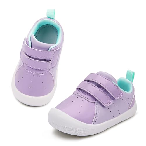Ukicbaby Baby Shoes Wide Toe Box Zero Drop Infant First Walking Shoes,Toe Protection,PU Leather,Lightweight Nonslip Toddler Sneakers for Boys Girls Purple 6-12 Months US 4