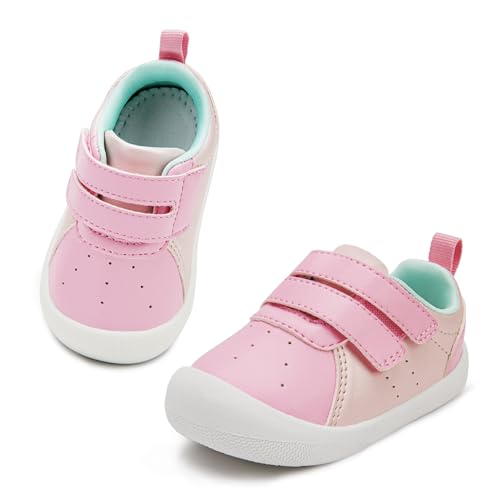 Ukicbaby Baby Shoes Wide Toe Box Zero Drop Infant First Walking Shoes,Toe Protection,PU Leather,Lightweight Nonslip Toddler Sneakers for Boys Girls Pink 12-18 Months US 5