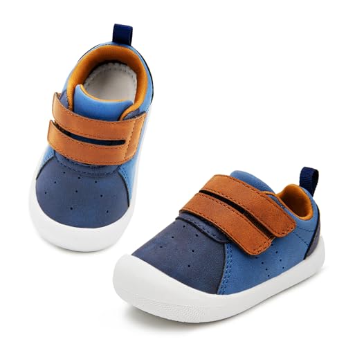 Ukicbaby Baby Shoes Wide Toe Box Zero Drop Infant First Walking Shoes,Toe Protection,PU Leather,Lightweight Nonslip Toddler Sneakers for Boys Girls Navy 12-18 Months US 5