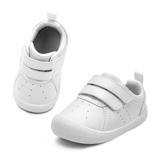 Ukicbaby Baby Shoes Boys Girls First Walking Shoes Wide Toe Box Barefoot Zero Drop Toddler Shoes Lightweight Nonslip Soft First Walkers PU Leather Toddler Sneakers White 18-24 Months US 6